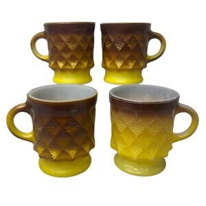 Vintage 70s Fire King Anchor Hocking Set 4 Yellow Brown Ombre Cups Mugs Coffee
